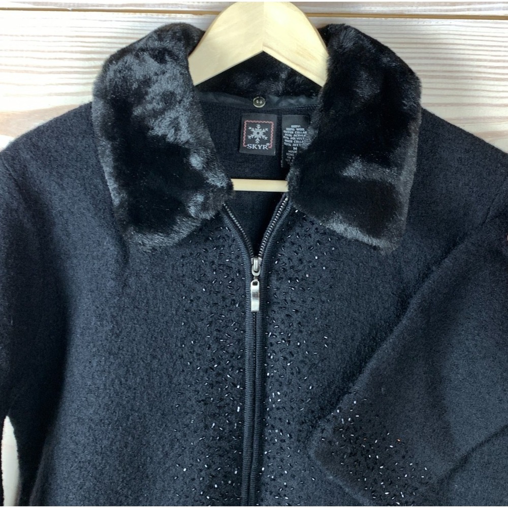Holiday Boiled Wool‎ Sweater Womens Medium Zip Beaded Black Vtg Skyr